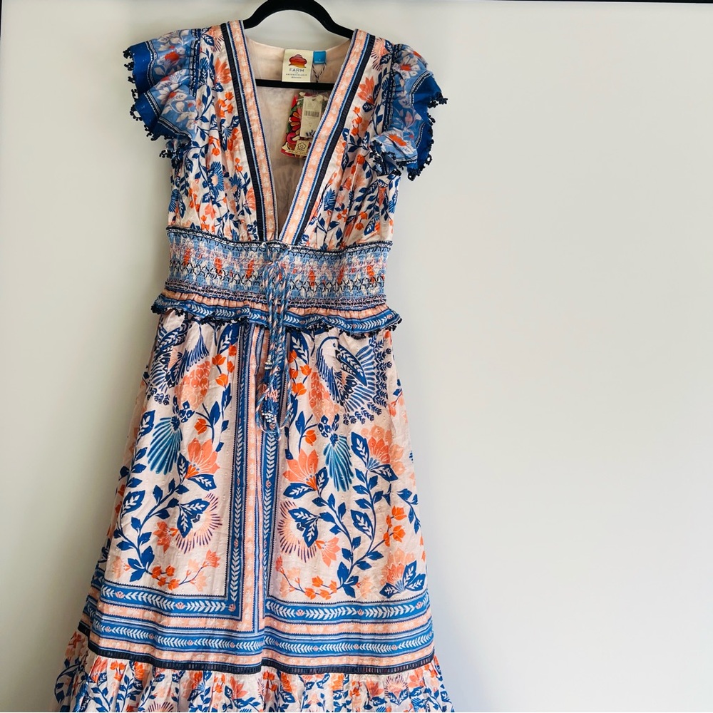 FARM Rio x Anthropologie V-Neck Maxi Dress Size Small NWT Blue Orange Bird Print - Picture 11 of 13